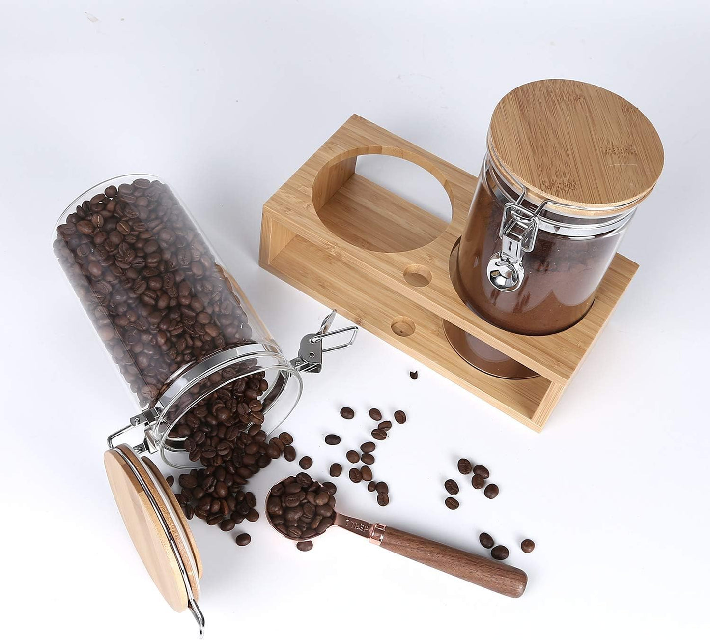 KKC HOME ACCENTS Glass Food Storage Jars with Airtight Locking Clamp Bamboo Lids,Coffee Bean Storage Containers,Sealed Glass Container with Scoop for Coffee Ground,Tea,Nut,Sugar,Coffee Holder