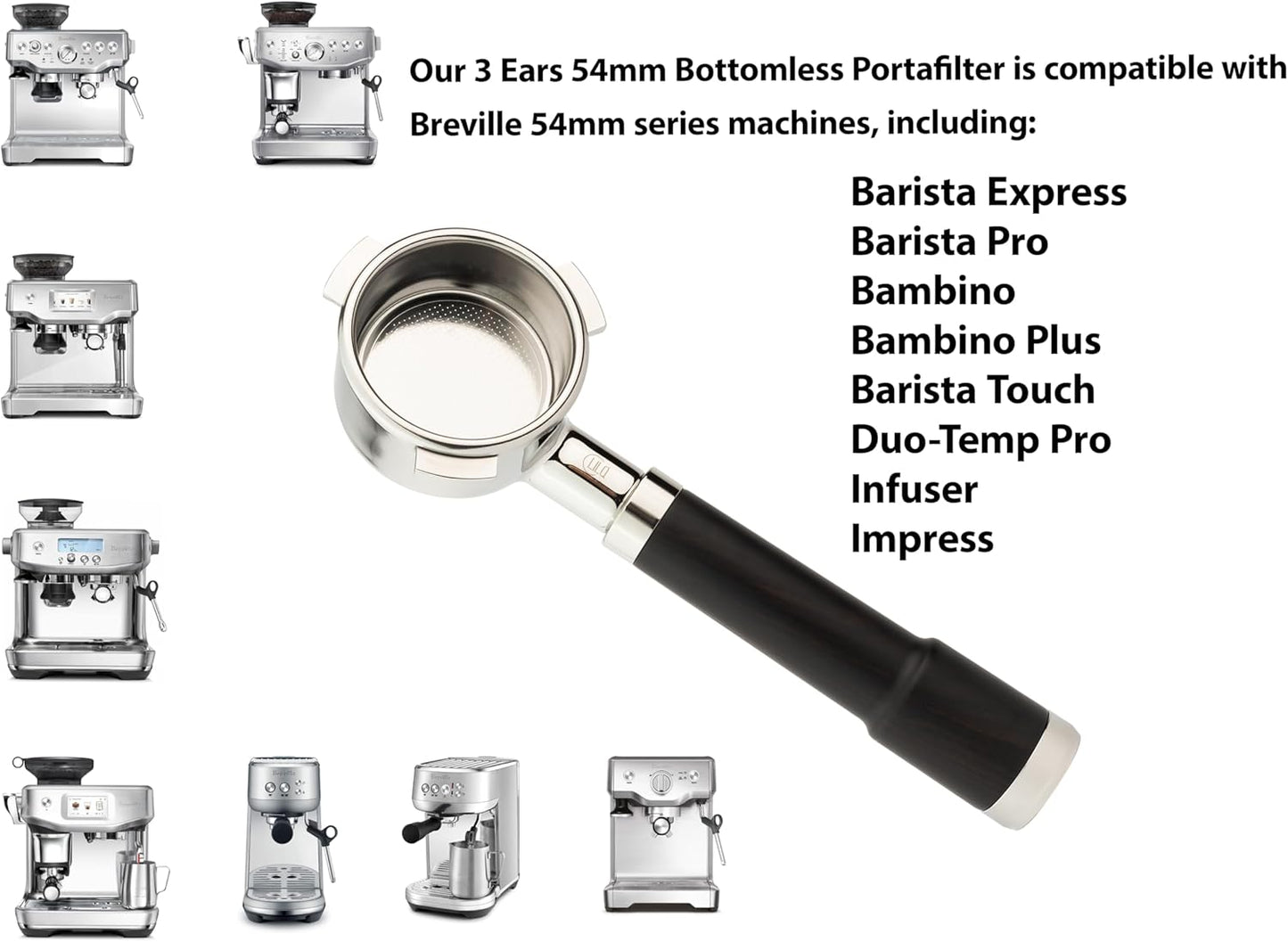 LILQ 54mm Spouted 3 Ears Portafilter Compatible with Breville Machines Stable Handle (Rosewood Flat, 54mm Double Spouts)