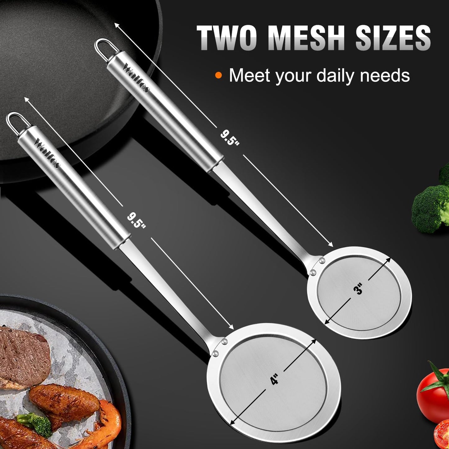 Walfos Fat Skimmer Spoon, 304 Stainless Steel Fat skimmer For Cooking, Fine Mesh Strainer, Food Strainer Fit For Separation Of The Floating Foam, Fat, Grease - Set of 2 Sise