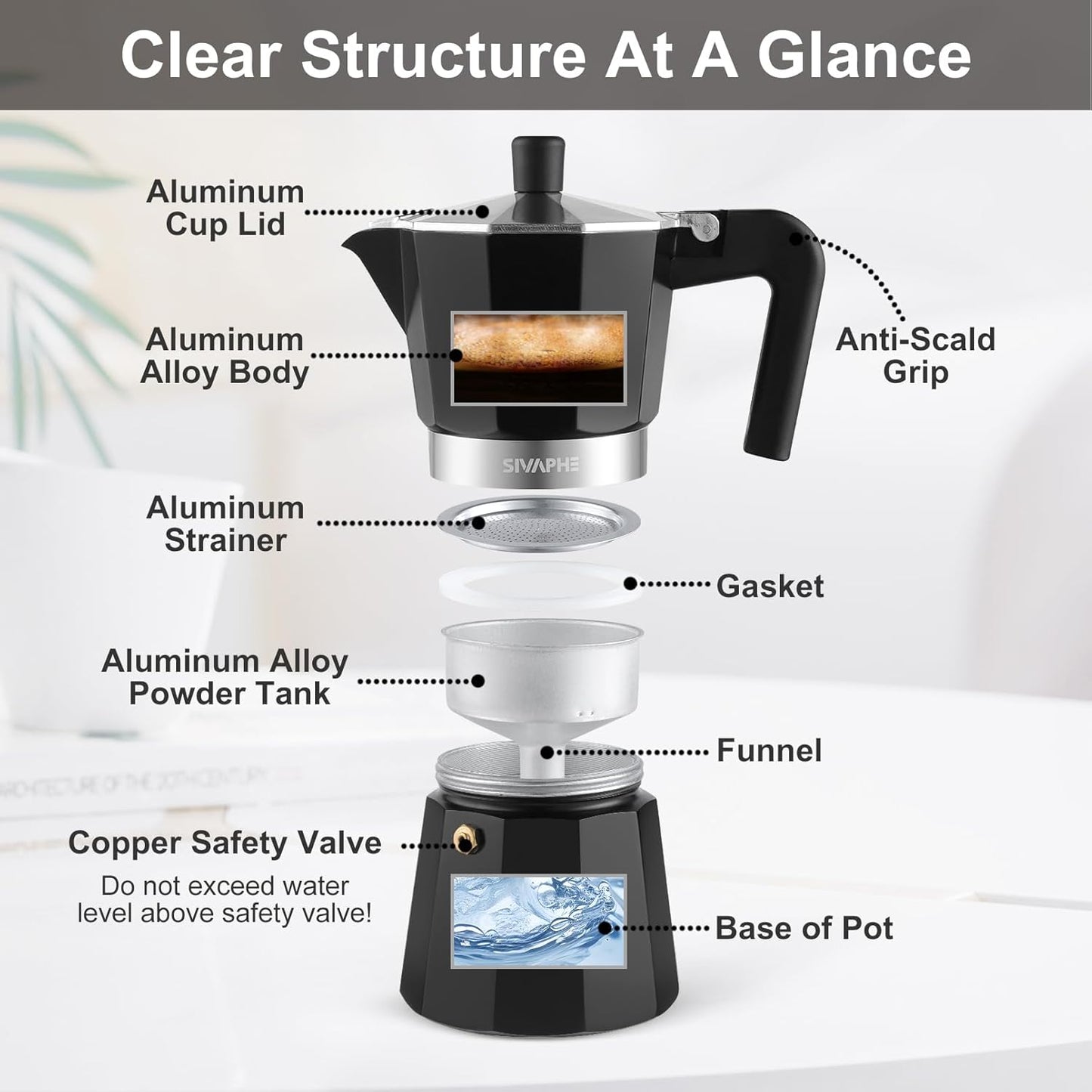 Sivaphe Aluminum Moka Pot 3 Espresso Cups, Percolator Espresso and Coffee Maker, Portable Stovetop Italian and Cuban Café Brewer for Home and Camping Black