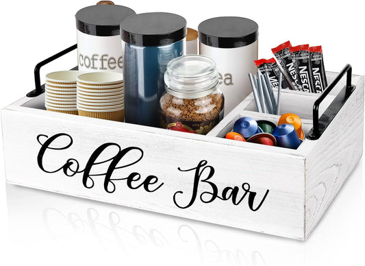 Coffee Station Organizer Wooden Coffee Bar Holder Accessories for Countertop, Farmhouse Kcup Pod Storage Basket with Handle - White