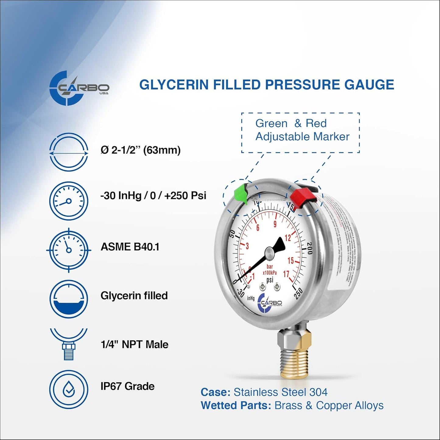 Stainless Steel Pressure Gauge Dual Display (-30 Hg - 0-250 psi/kPa) - 2 1-2" Glycerine Liquid Filled Water Air Oil Gas Gauge with Polycarbonate Lens - Compound Vacuum - 1/4" NPT