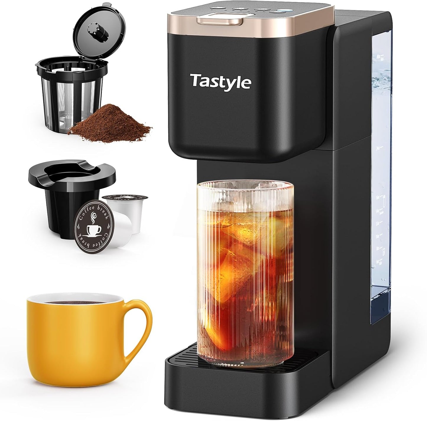 Single Serve Hot & Iced Coffee Maker with Strong Brew, 40oz Removable Reservoir, 6 Brew Sizes, Compatible with K Cup and Grounds, Compact for Home, Office, RV, Black & Gold (2.0 Version)