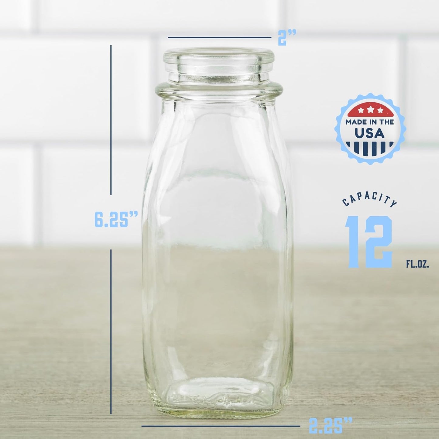 kitchentoolz 12 Oz Square Glass Milk Bottles with Lids (4 Pack) – Reusable Glass Creamer Bottles for Milk, Juice, and More – Includes Tamper-Proof Caps and One Silicone Pour Spout
