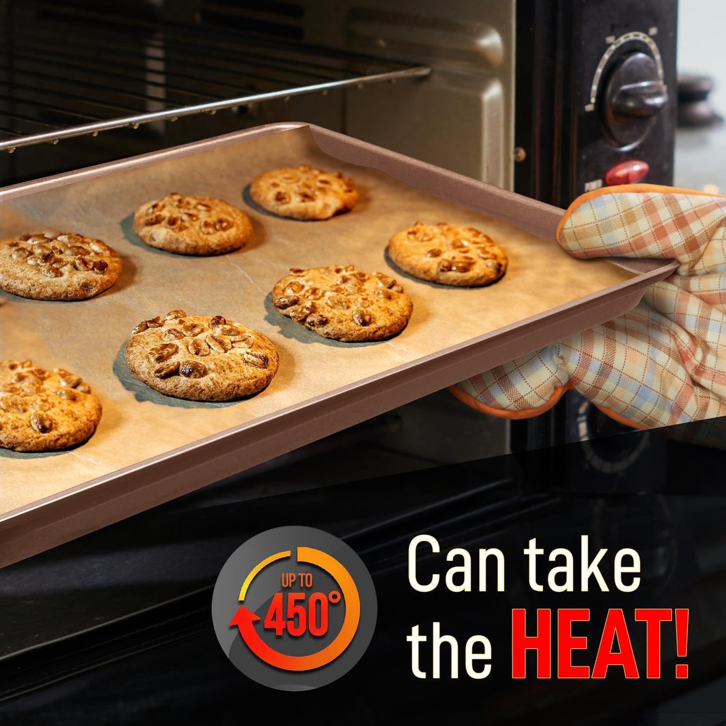 NutriChef 3-Piece Nonstick Baking Pans Set - Thick Carbon Steel Oven Bake Trays - Includes XL, Medium, & Small Sizes - Versatile Cookie Sheets for Baking & Roasting, Dishwasher Safe - Gold