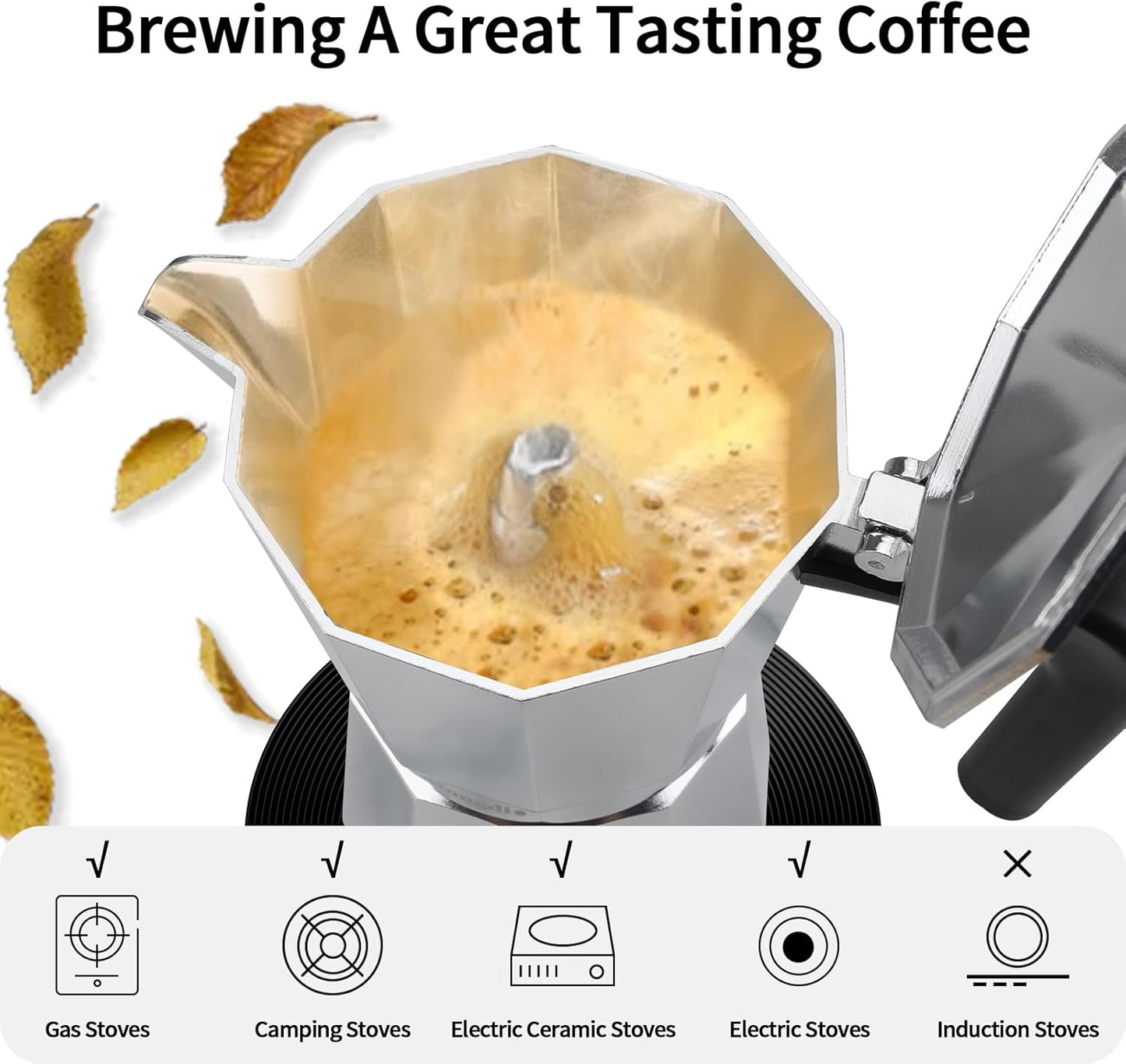 Mongdio Stovetop Espresso Maker Moka Pot, Stove Top Cuban Coffee Maker, Italian Greca Mocha Pot, 6 Espresso Cups, 10 oz - Silver