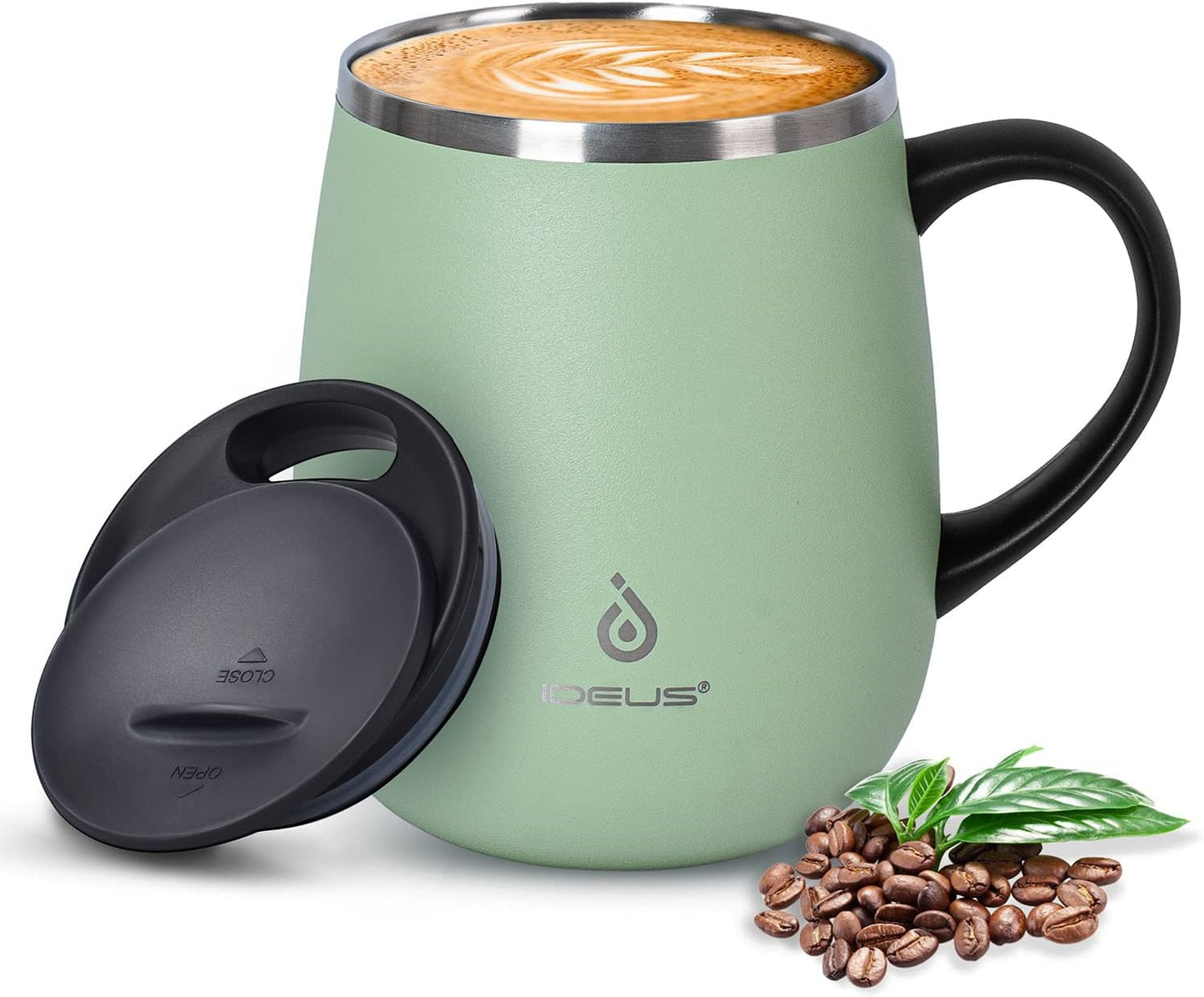 Ideus 16 oz Insulated Coffee Mug with Handle and Lid, Double Wall Stainless Steel Vacuum Thermal Coffee Mug, Travel Coffee Cup Thermal Cup for Home and Office, Avocado Green