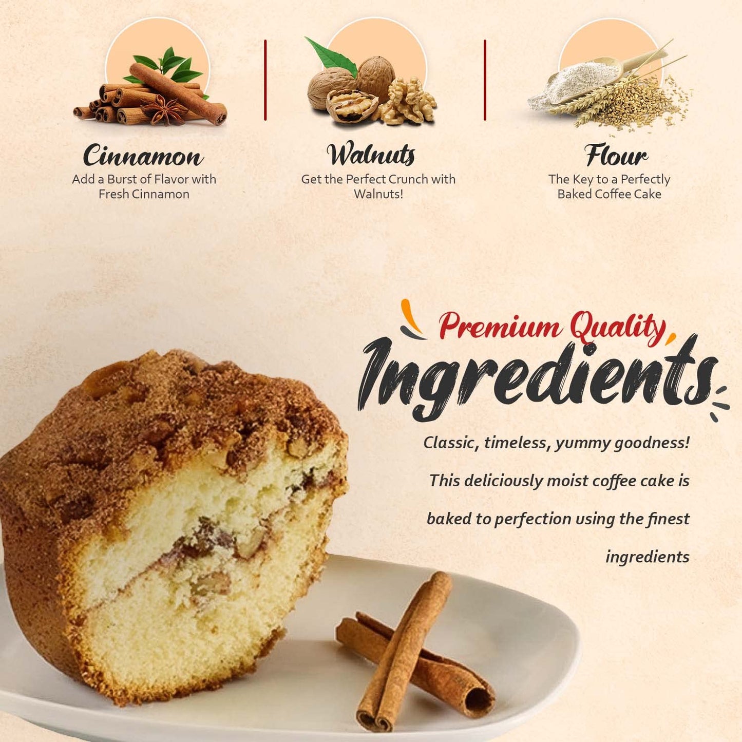 Traditional Cinnamon Walnut Coffee Cake - Cinnamon Streusel and Chopped Walnuts Toppings - Delicious Recipe of Coffee Cakes for Special Occasions (Three Cakes (1.75 Pound))