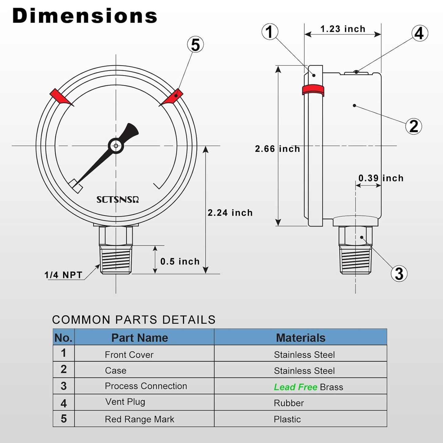 0 to 100 Psi Lead-Free Pressure Gauge, Glycerin Liquid Filled, 2.5 inch Dial, 1/4" NPT Lower Mount, Stainless Steel Case, for Water Pump, Pneumatic Air, Well Tank, RV Hose, Gas, Pressure Test