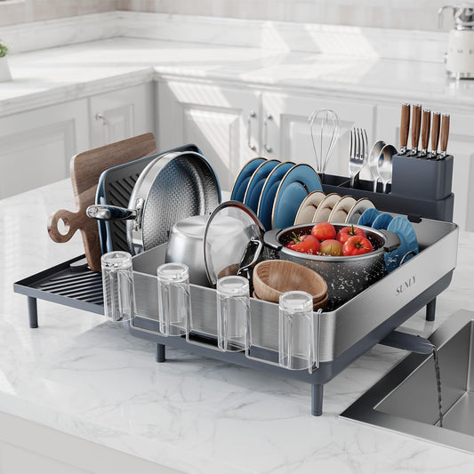 SUNLY Large Dish Drying Rack, Expandable Dish Racks for Kitchen Counter, Space Saving 304 Stainless Steel Drying Rack Kitchen, Extra Large Drainer with Multifunctional Flip Up Pegs, Gray