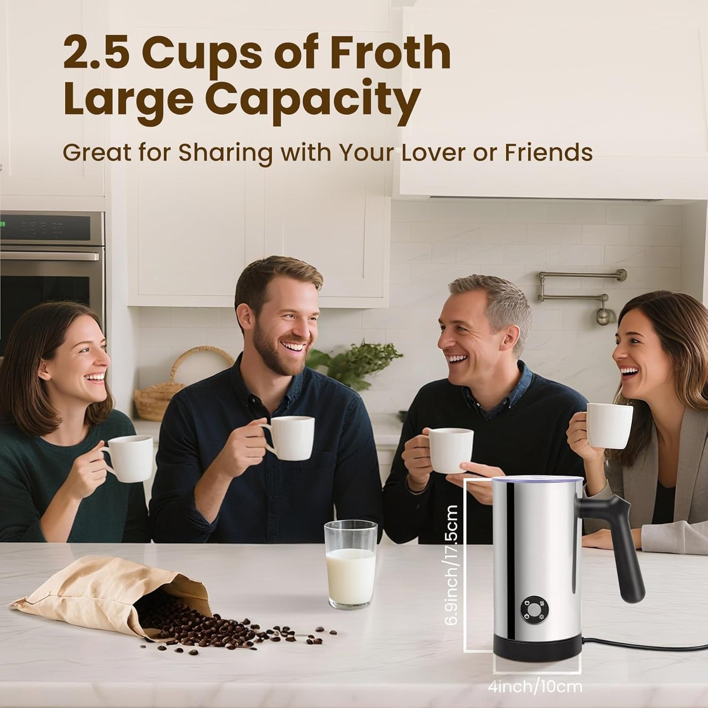 Milk Frother, 4-in-1 Milk Frother and Steamer, 10.6oz Electric Milk Steamer, Automatic Cold and Hot Foam maker for Lattes, Cappuccinos, Non-stick Coating Interior (Polished)