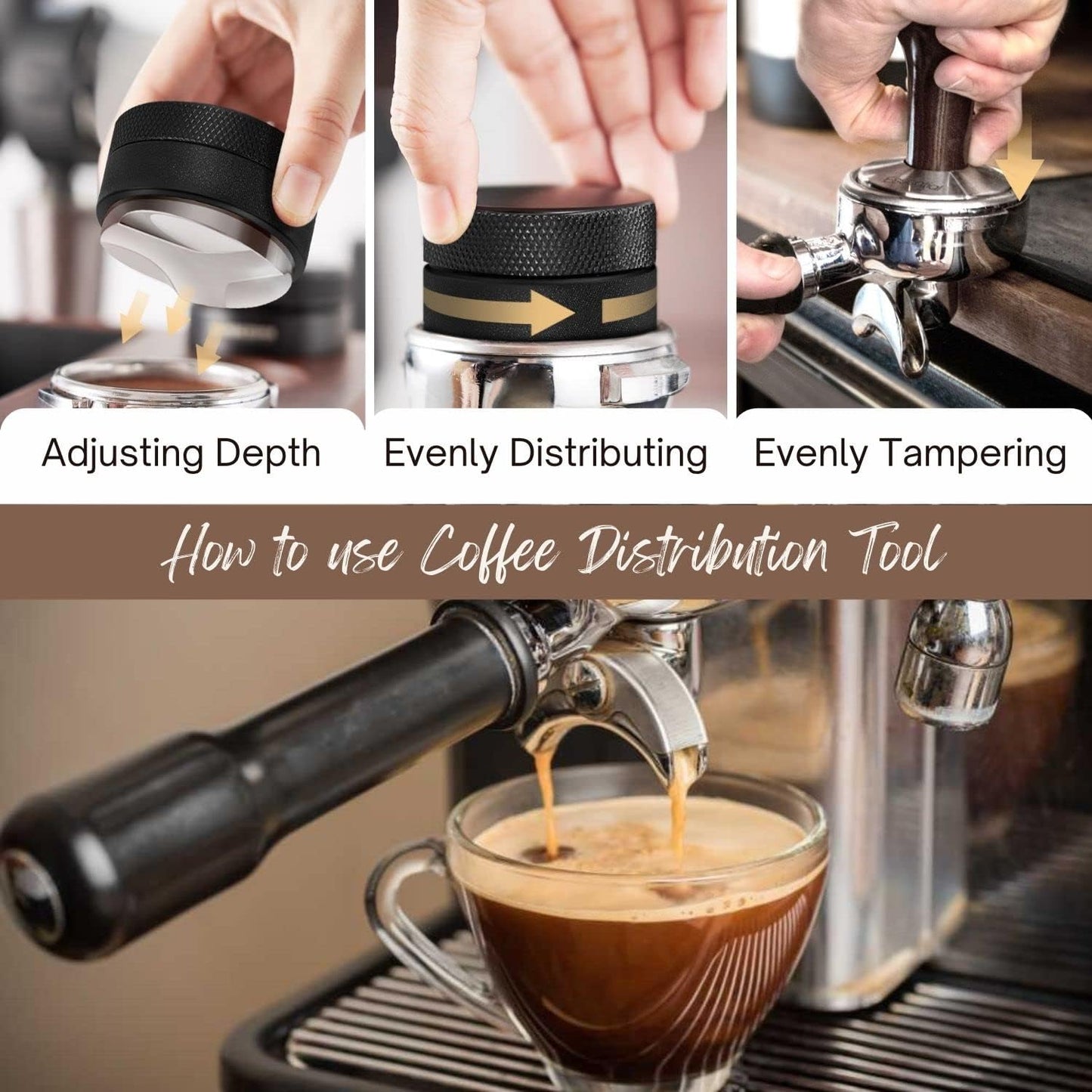 Flexzion Espresso Distribution Tool 58mm Coffee Leveler, Adjustable Depth and Universally Compatible Espresso Leveler for 58mm Portafilters and Espresso Machines
