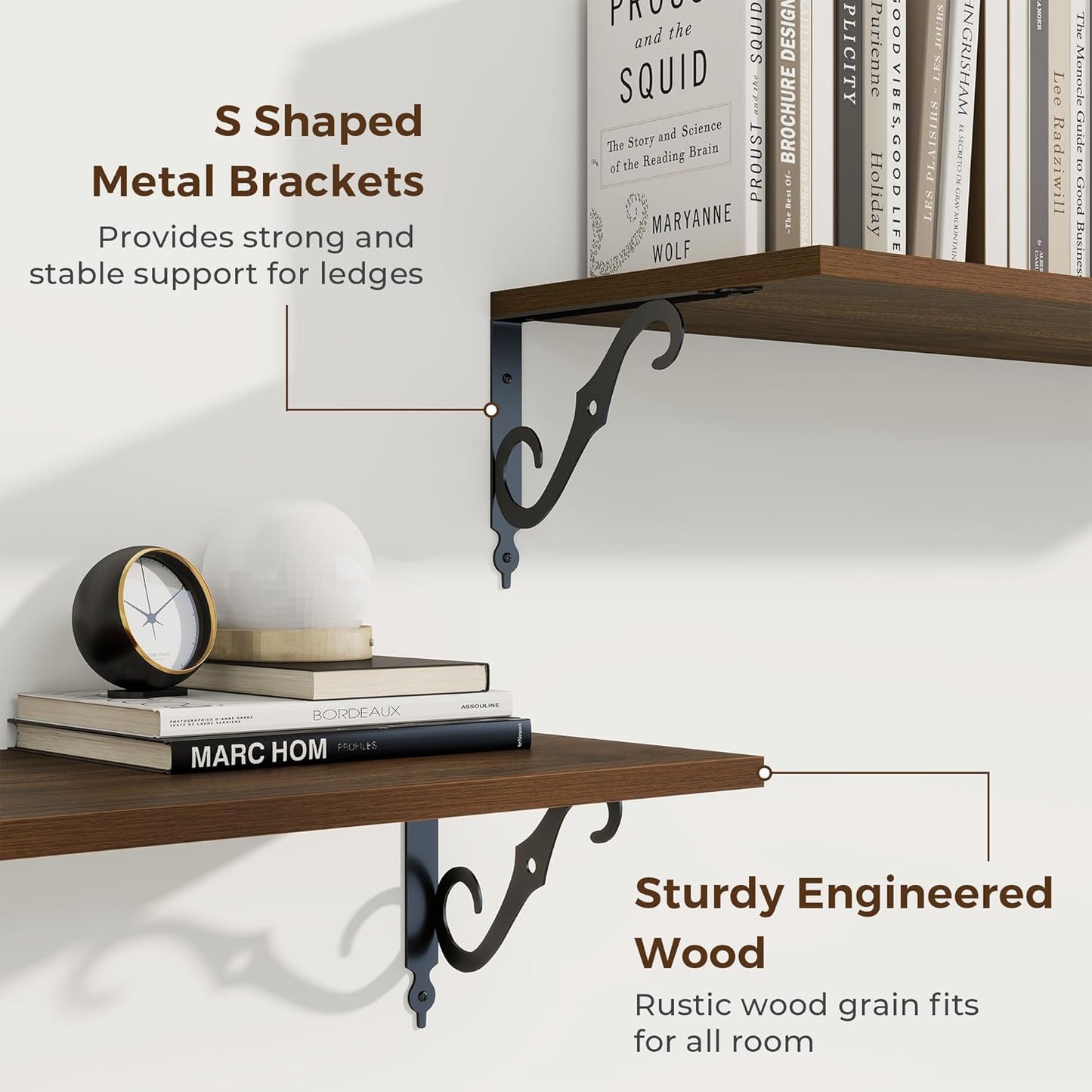 RICHFOCUS 12 Inch Deep Floating Shelves for Wall, 16" W x 12" D Wood Wall Shelves Set of 2, Wide Floating Shelves for Living Room, Bedroom, Kitchen, Bathroom and Decor Storage, Walnut