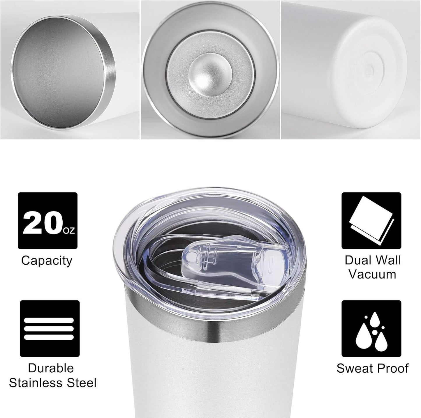VEGOND Stainless Steel Tumblers Bulk 6 Pack, 20 oz Vacuum Insulated Skinny Tumblers with Lid and Straw, Double Wall Coffee Mug, Travel Water Cup, White