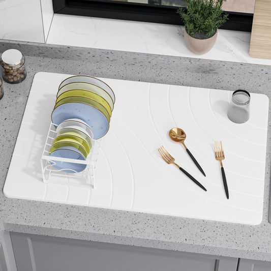 Large Stone Drying Mat for Kitchen Counter, 24" ¡¿ 16" Diatomite Dish Drying Mat, Quick Dry Stone Mats, Ultra Absorbent Natural Diatomaceous Earth Mats for Dished, Bottles, White
