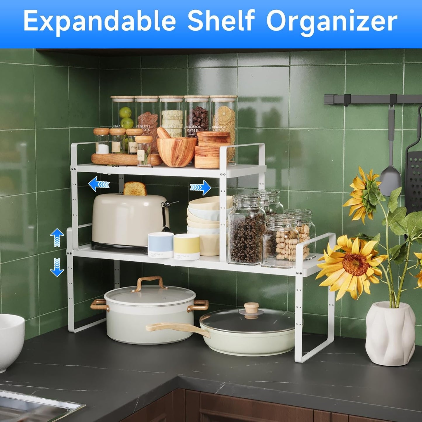Expandable Cabinet Shelf Organizer, Stackable Kitchen Pantry Counter Storage, Adjustable Closet Cupboard Stand Rack Risers Spice Organization 80LBS Heavy Duty White Small 1 Pack