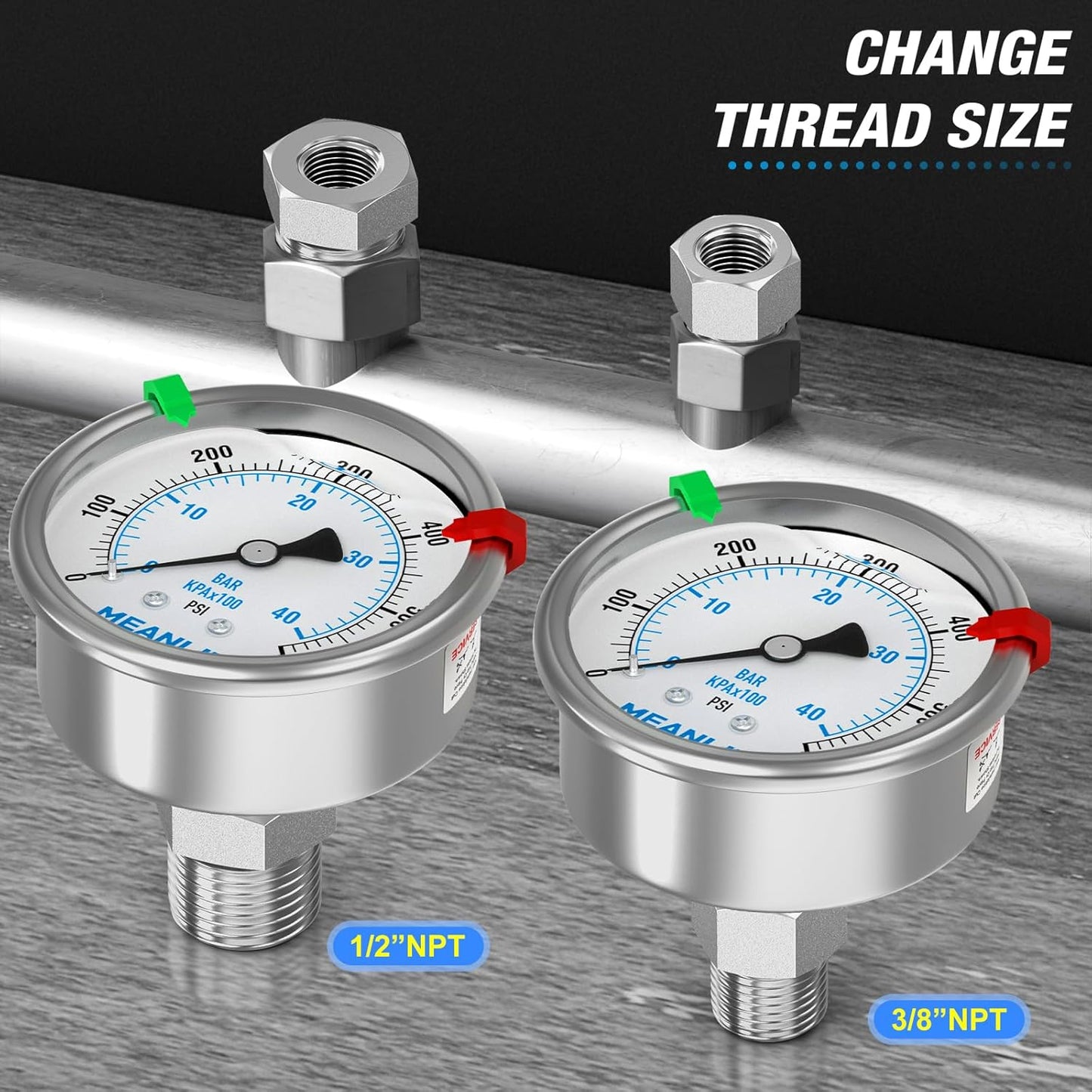 MEANLIN MEASURE 0~600Psi Stainless Steel Liquid Filled Pressure Gauge 2.5" FACE DIAL 1/4" NPT for WOG Water Oil Air Back Mount with Stainless Steel Hex Bushing and Snaps