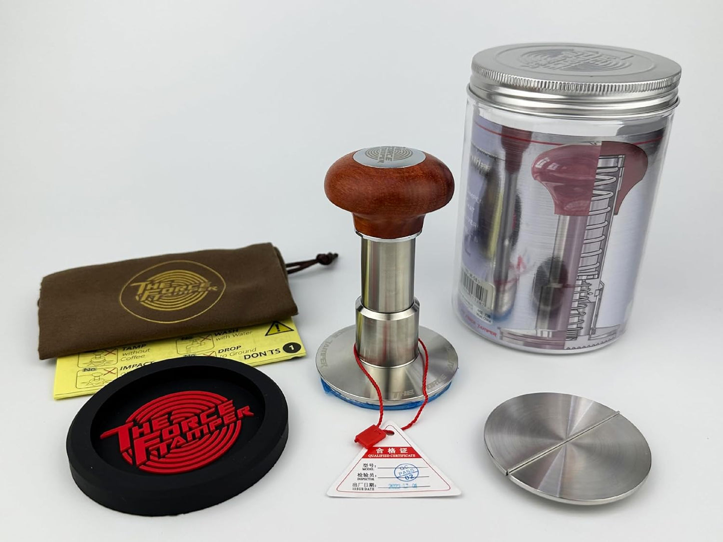 The Force Tamper Automatic Impact Adjustable Constant Pressure and Autoleveling Coffee Tamper Reddish Brown Jellyfish Wooden Handle Set Pro (Flat-Distribute Set, 53.00mm)