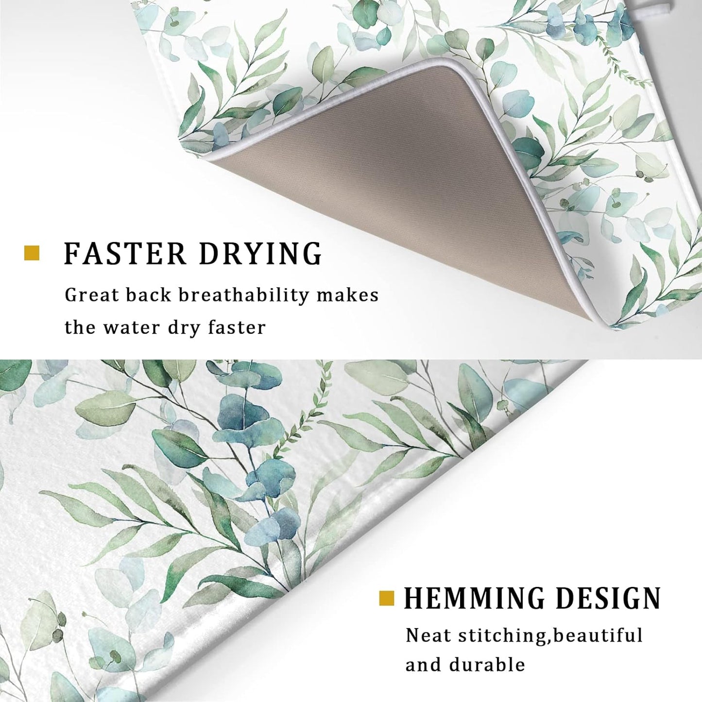Sage Green Leaves Dish Drying Mats for Kitchen Counter 18x24 Inch, Leaves Kitchen Drying Mat,Watercolor Herbs Dishes Pad Dish Drainer Rack Mats Absorbent Fast Dry Kitchen Accessories