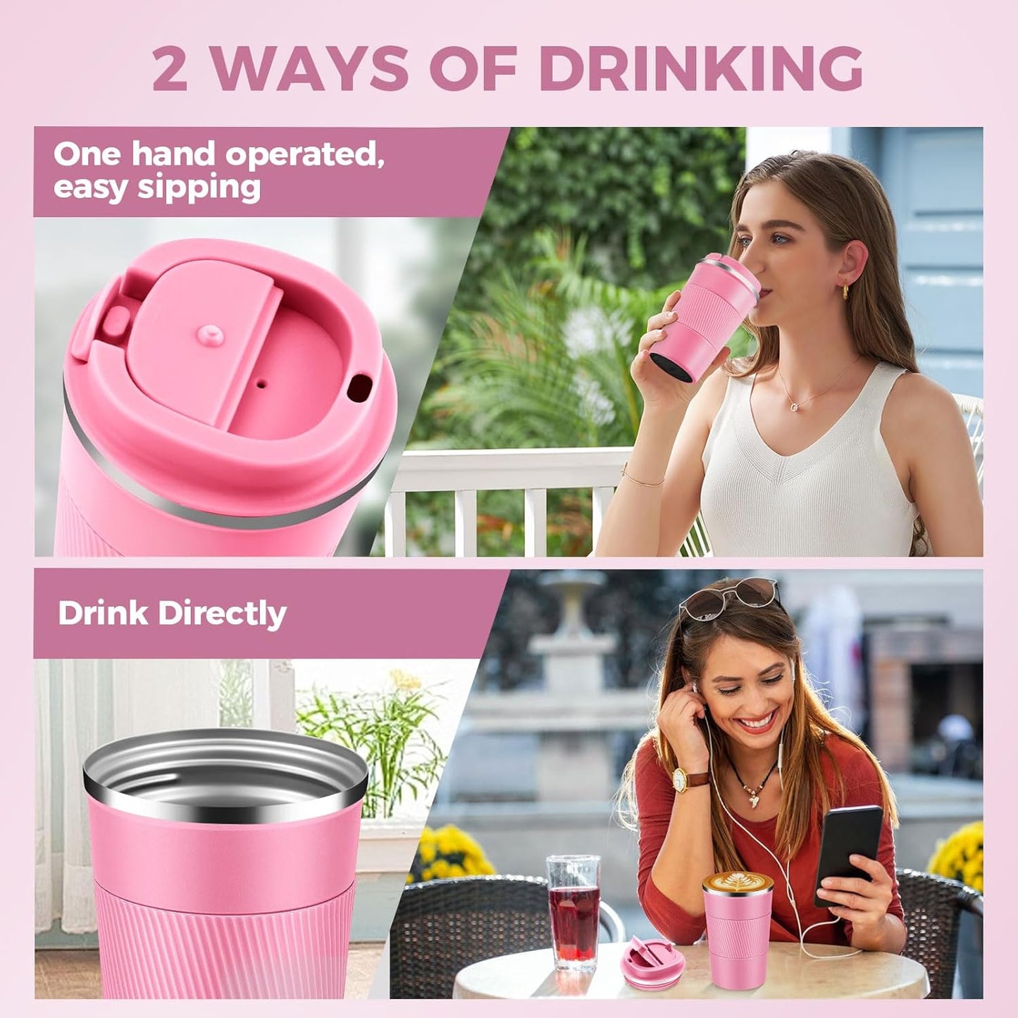 Volhoply 13 oz Stainless Steel Insulated Travel Coffee Mug with Fip Lid Bulk 2 Pack,Reusable Double Wall Vacuum Metal Coffee Cup,Portable Leak Proof Thermal Tumbler for Hot & Cold Drinks(Mix,2)