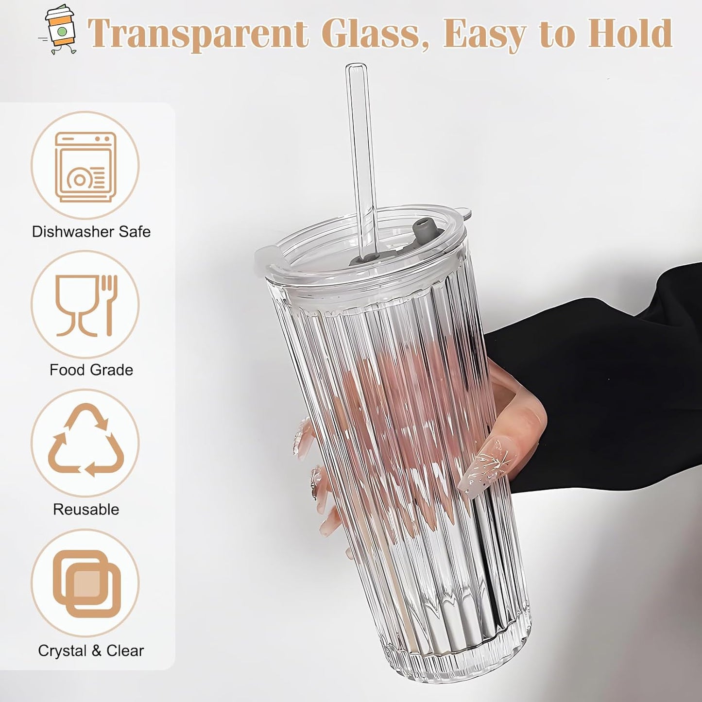 18oz Ribbed Glass Tumbler with Lid and Straw Set of 2: Leak-Proof Drinking Glasses to Go, Reusable Iced Coffee Cups for Cold Drinks, Juice, Smoothie, Glass Cups with Stylish Ribbed Design