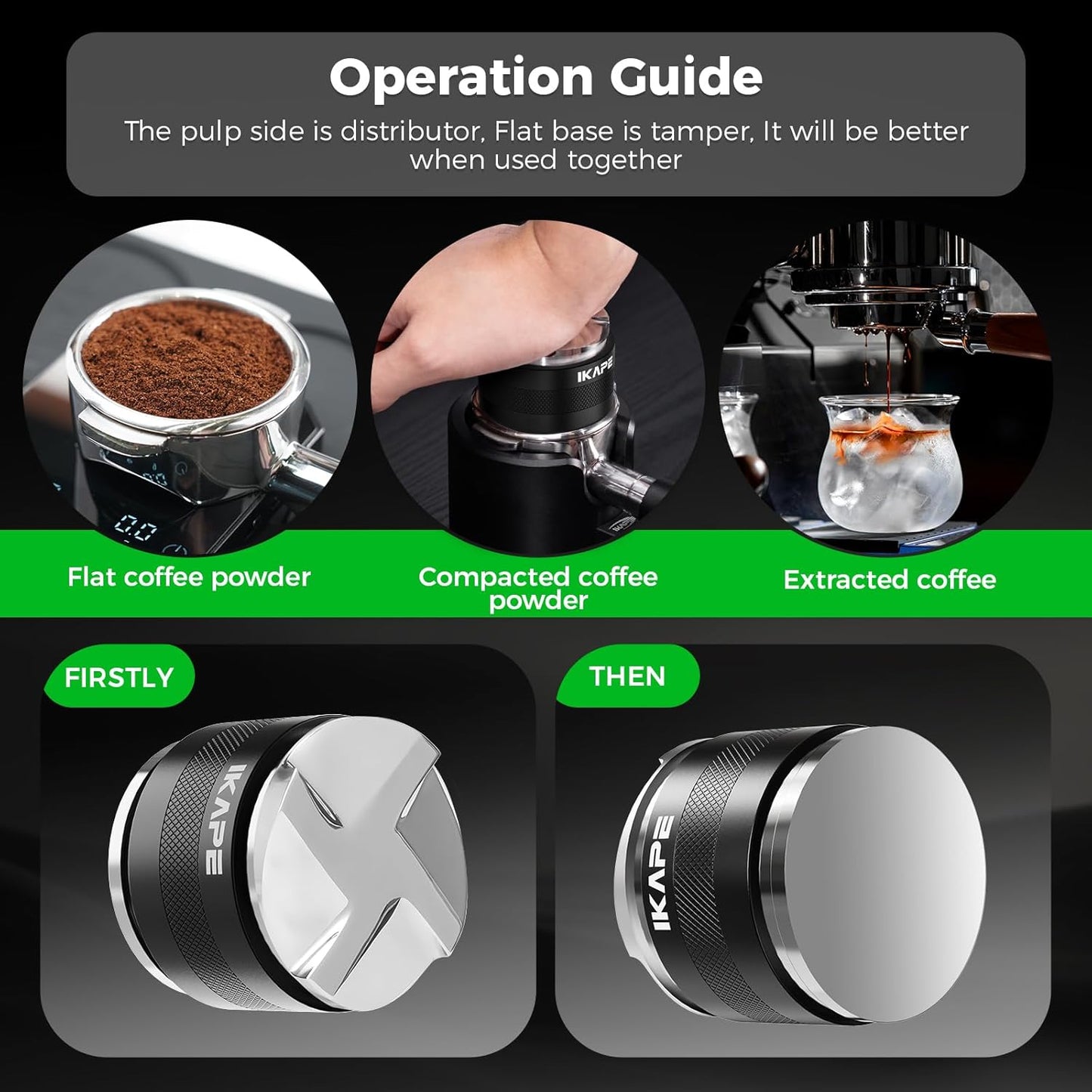 IKAPE Coffee Products, 53mm Coffee Distributor & Hand Tamper, Adjustable Depth Espresso Distributor Fits All 53mm Espresso Portafilter, Compatible with 54MM Breville Bottomless Portafilter (Black)