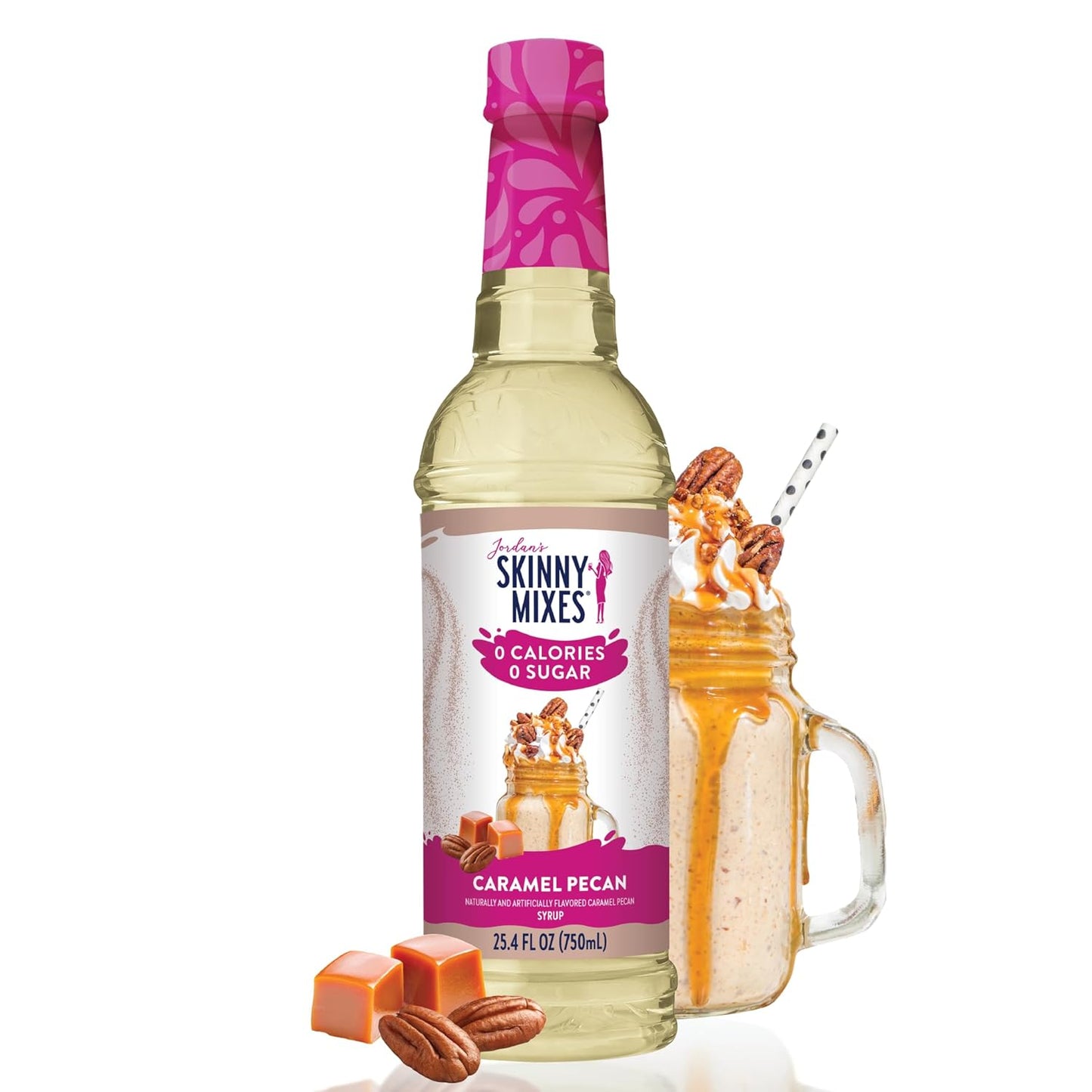 Jordan's Skinny Syrups Sugar Free Coffee Syrup, Caramel Pecan Flavor Drink Mix, Zero Calorie Flavoring for Chai Latte, Protein Shake, Food & More, Gluten Free, Keto Friendly, 25.4 Fl Oz, 1 Pack