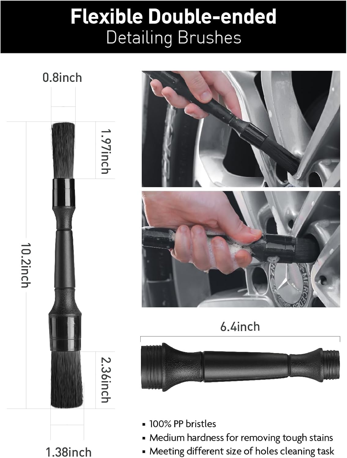 Fantasticlean 7PCS Car Wheel Cleaning Pro Kit, Tire Brush, Soft-bristled Rim Brush, Microfiber Flat Wheel Brush, Double-Ended Detailing Brush, Detailing Pads, Scratch-Free & Multipurpose