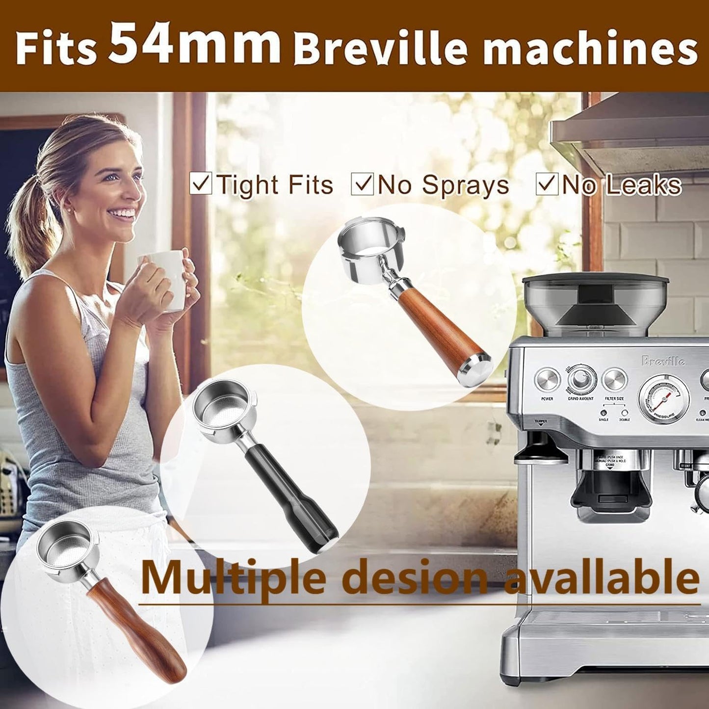 54mm Coffee Bottomless Portafilter, Compatible with Breville Barista Bes 870/878/880/876/840/810/500/450 Replacement Parts Bottomless Portafilter(Black)