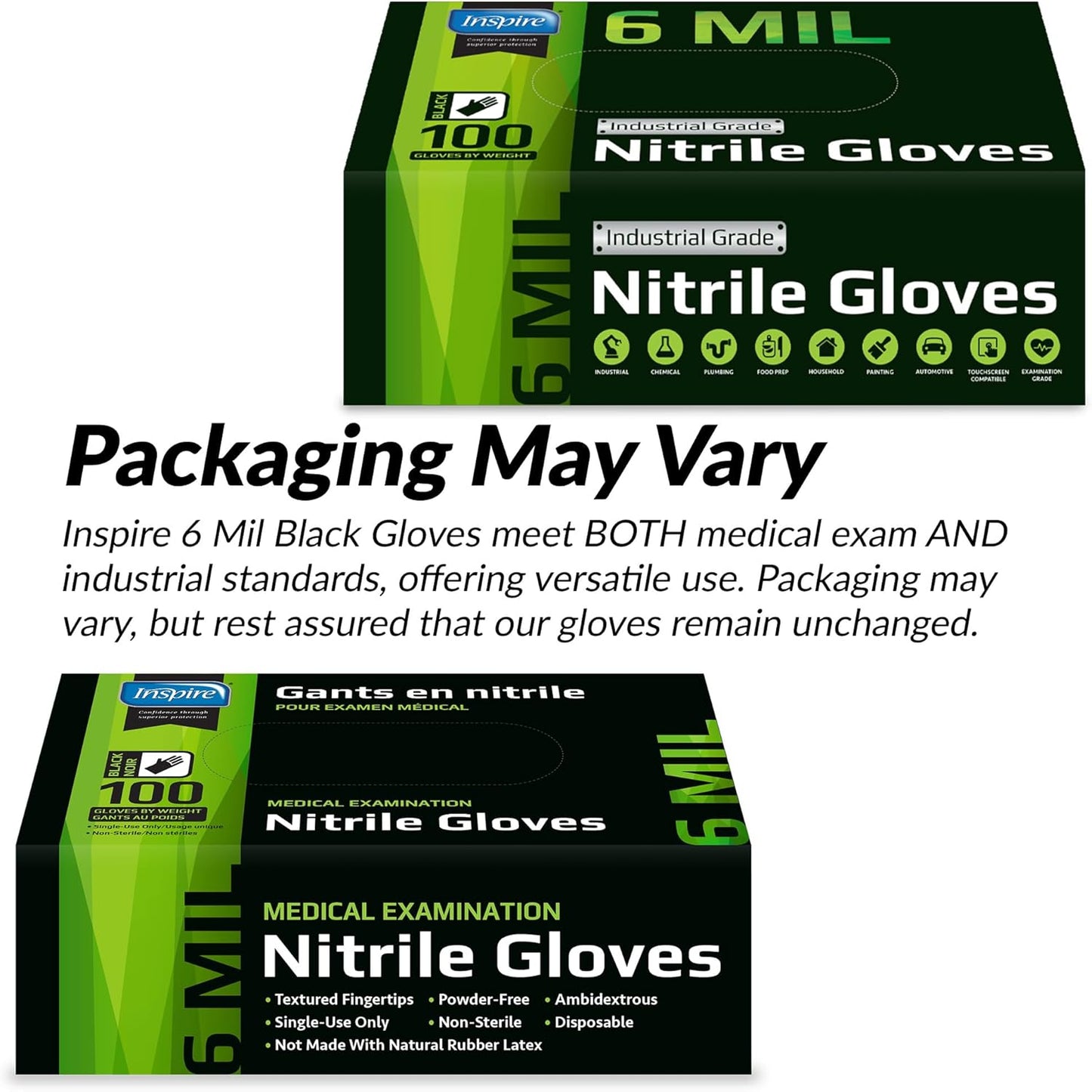 Inspire HEAVY DUTY ORIGINAL Stretch Nitrile Black Gloves Disposable Latex Free | Food, Mechanic, 6mil Black or 8 Mil Orange