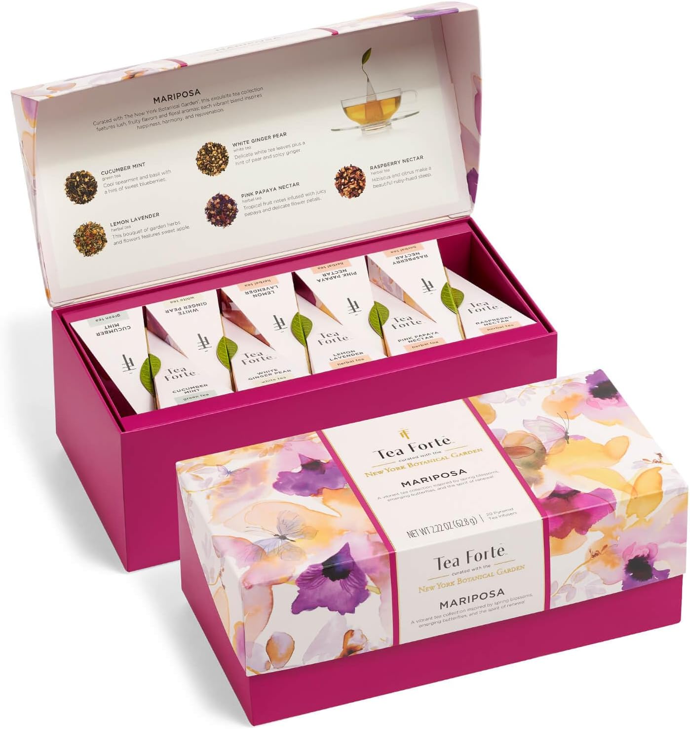 Tea Forte Mariposa Presentation Box Tea Gift Sampler, 20 Count, 2 of Each Variety Individually Wrapped Handcrafted Pyramid Infuser Bags