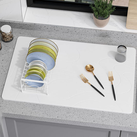 Large Stone Drying Mat for Kitchen Counter, 24" ¡¿ 16" Diatomite Dish Drying Mat, Quick Dry Stone Mats, Ultra Absorbent Natural Diatomaceous Earth Mats for Dished, Bottles, White