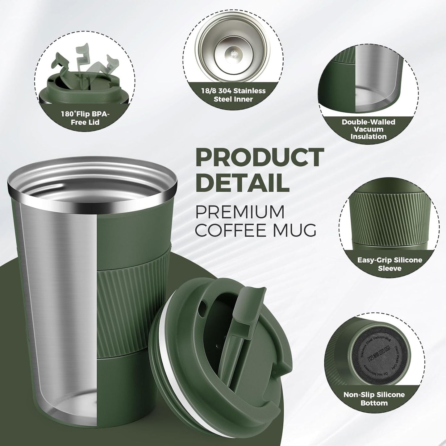 Volhoply 13 oz Stainless Steel Insulated Travel Coffee Mug with Fip Lid,Reusable Double Wall Vacuum Metal Coffee Cup,Portable to Go Leak Proof Cafe Thermal Tumbler for Hot & Cold Drinks(Army Green,1)