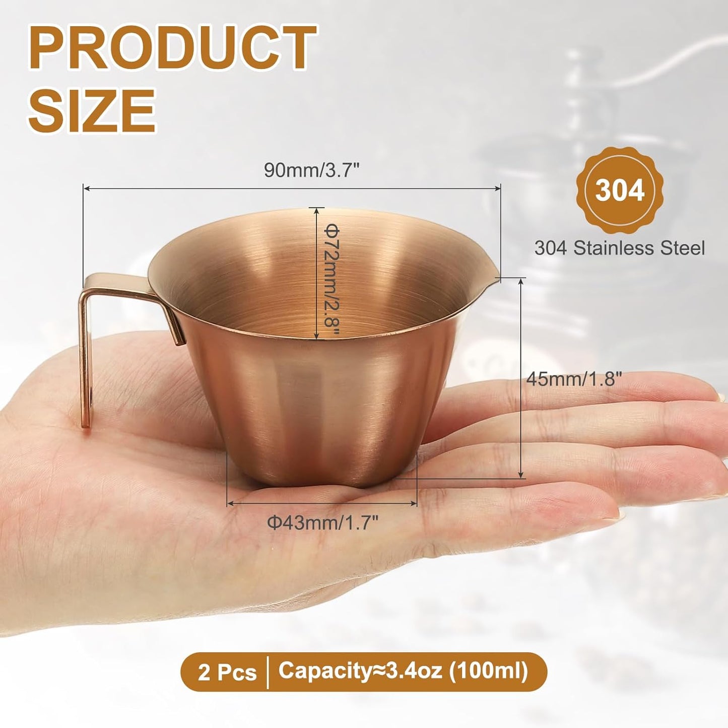 uxcell 2 Pcs Stainless Steel Espresso Cup with Handle, V-Shaped Mouth Espresso Measuring Cup with Scale for Preparing Coffee, Cocktails, 3.4OZ/100ML (Rose Gold)