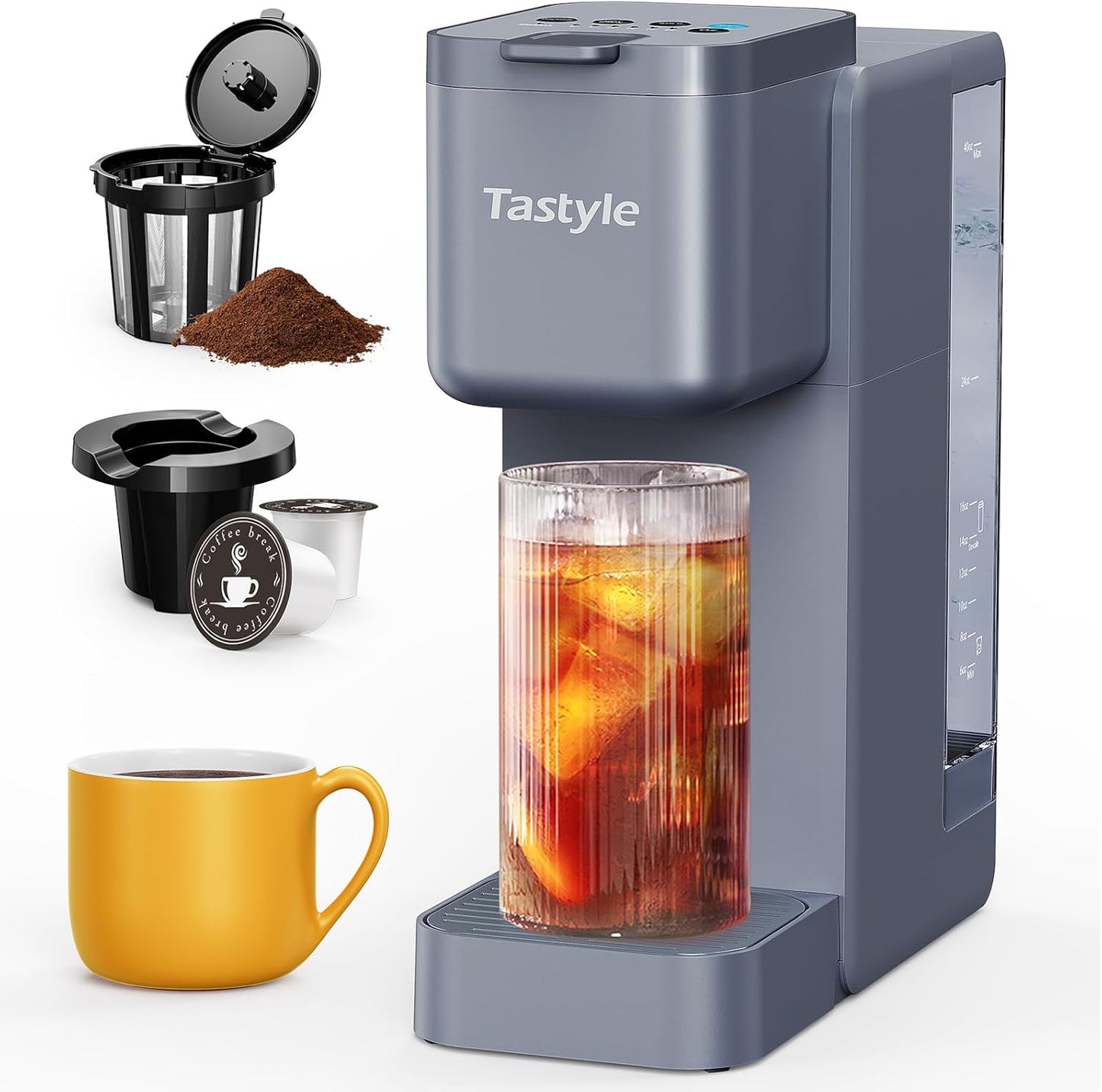 Single Serve Hot & Iced Coffee Maker with Strong Brew, 40oz Removable Reservoir, 6 Brew Sizes, Compatible with K Cup and Grounds, Compact for Home, Office, RV and Dorm, Gray (2.0 Version)