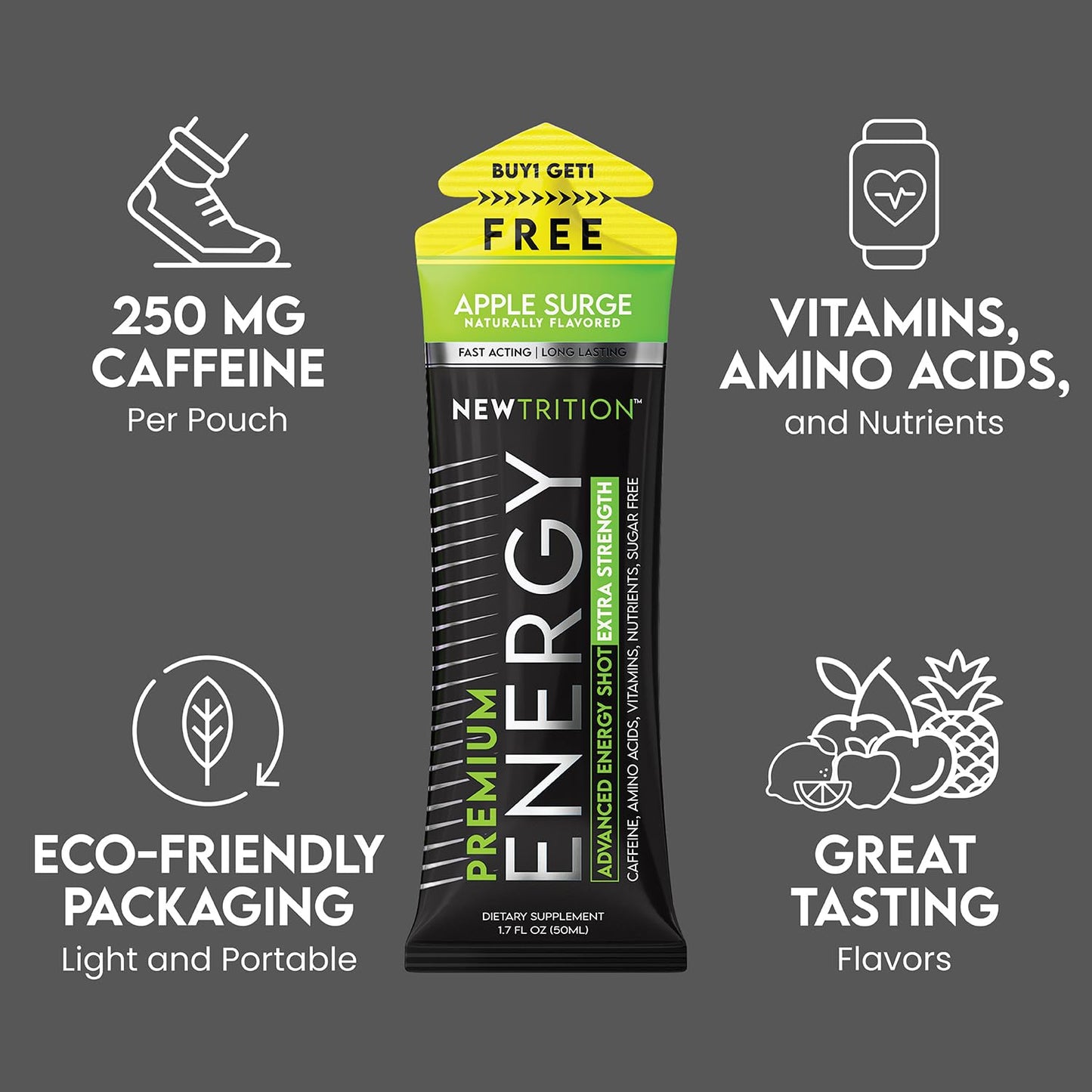 NewTrition® Extra Strength Energy Shots, 250mg Caffeine Energy Shots with Vitamin B & Amino Acids, Sugar-Free Vitamin Energy Shot, 1.7 fl oz (Pack of 12, 4 Flavors-Mixed-2)