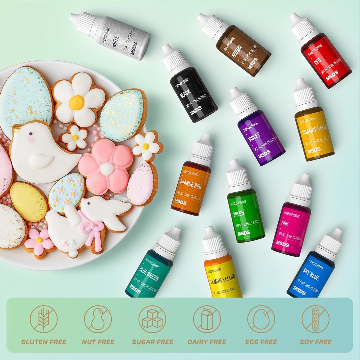 14 Food Coloring Set, Liquid Vibrant Food Color Tasteless Food Dye for Baking, Icing, Cake Decorating, Fondant, Easter Egg, Slime Making DIY Supplies Kit - 0.35 Fl. oz (10 ml)/Bottles