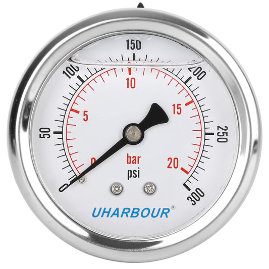 Glycerin Filled Pressure Gauge 300psi/20bar, Stainless Steel case, Brass Inside Construction, 2-1/2" dial, 1/4" NPT Back Connection.¡¦¡¦