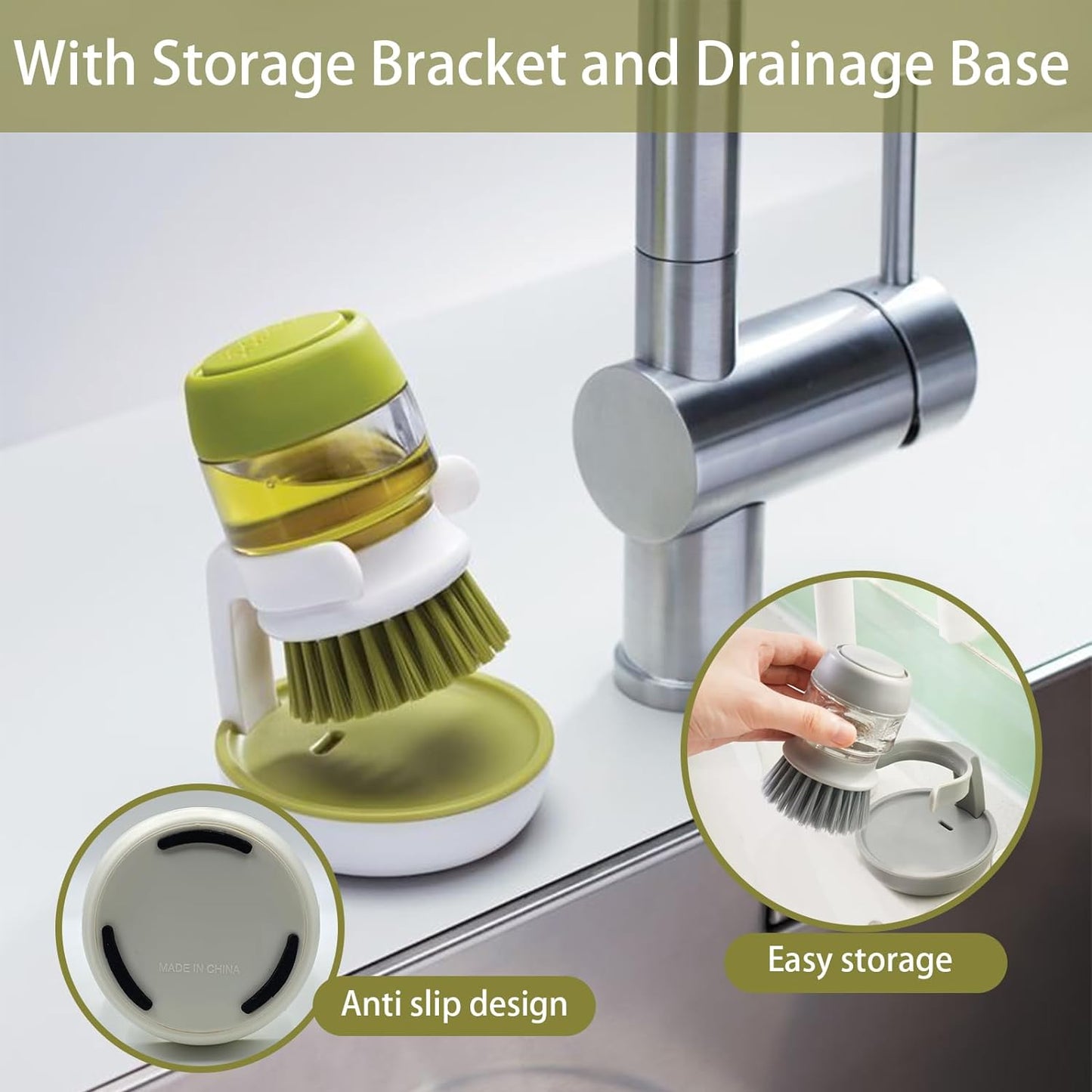 Soap Dispenser Dish Brush Palm Brush Scrub Brush Equipped with Storage Bracket and Drainage Base,Easy to Clean Kitchen Utensils and Sink, Includes a Replaceable Brush（Green）