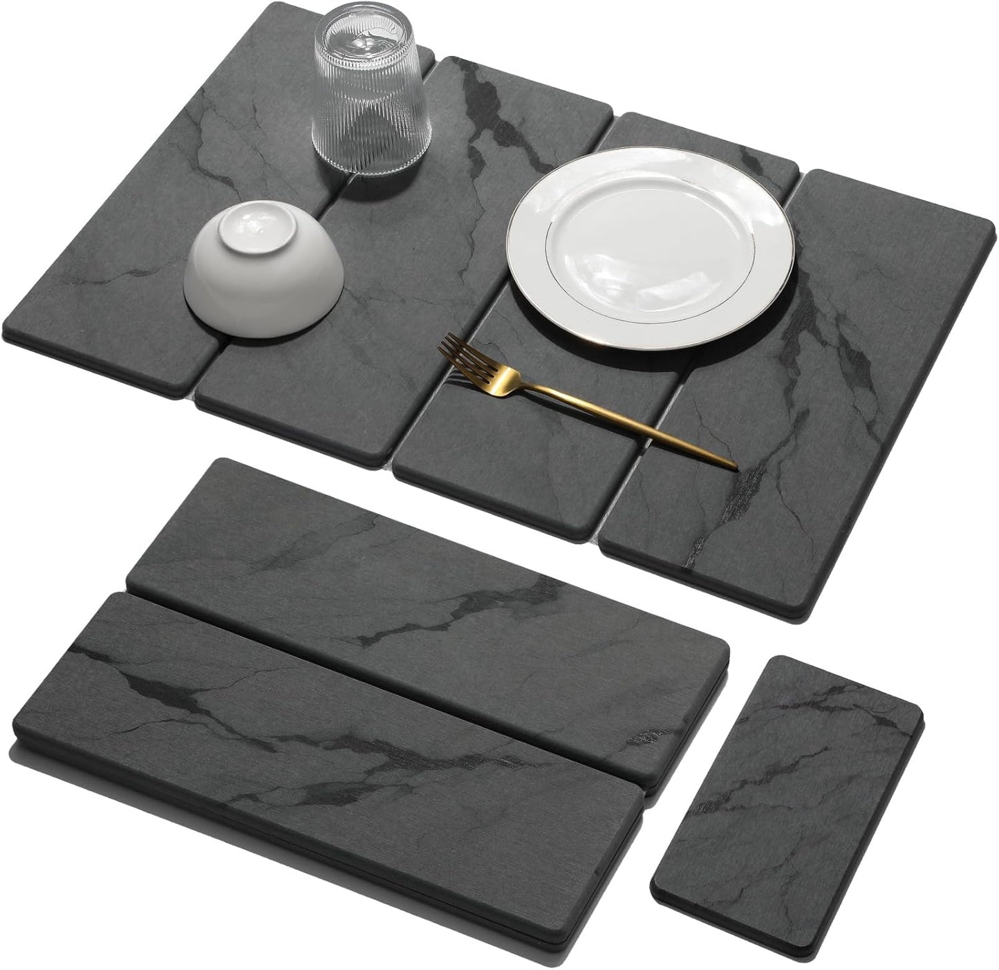 2 PCS Large Stone Dish Drying Mat for Kitchen Counter Quick Dry Stone Dishes Mats Marbled Water Absorbing Diatomaceous Earth Drying Pad for Countertop Bottles Utensils Cups (Dark gray 24"x16"&8"x4")