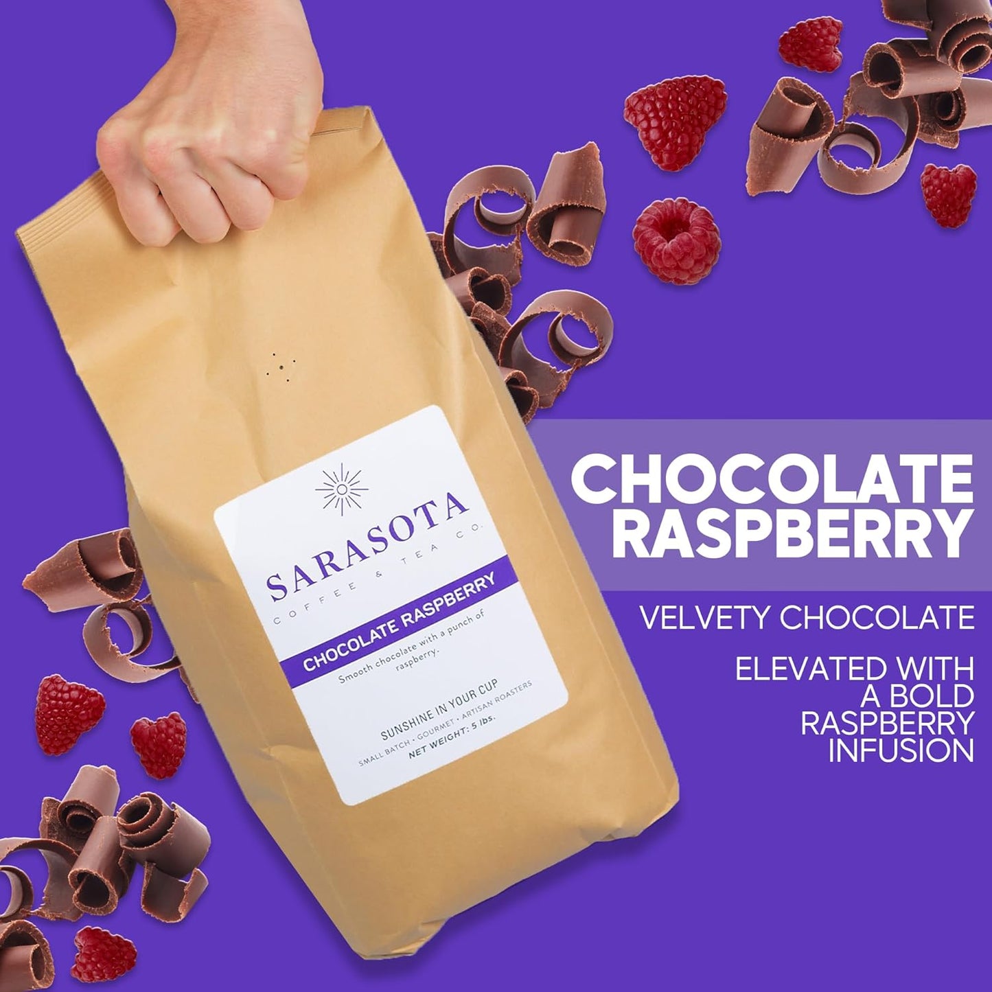 Sarasota Coffee Ground Chocolate Raspberry | Medium Roast Gourmet Flavored Coffee Grounds | Low Acid, Mold Free, Specialty Grade Flavored Bulk Ground Coffee | 5lb (80 oz)