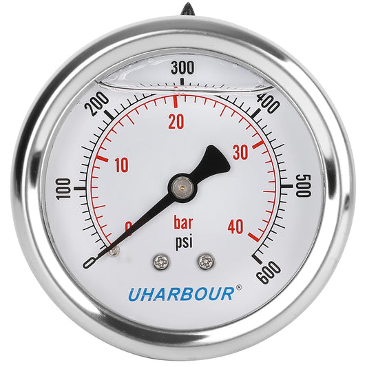 Glycerin Filled Pressure Gauge 600psi/40bar, Stainless Steel case, Brass Inside Construction, 2-1/2" dial, 1/4" NPT Back Connection.¡¦¡¦