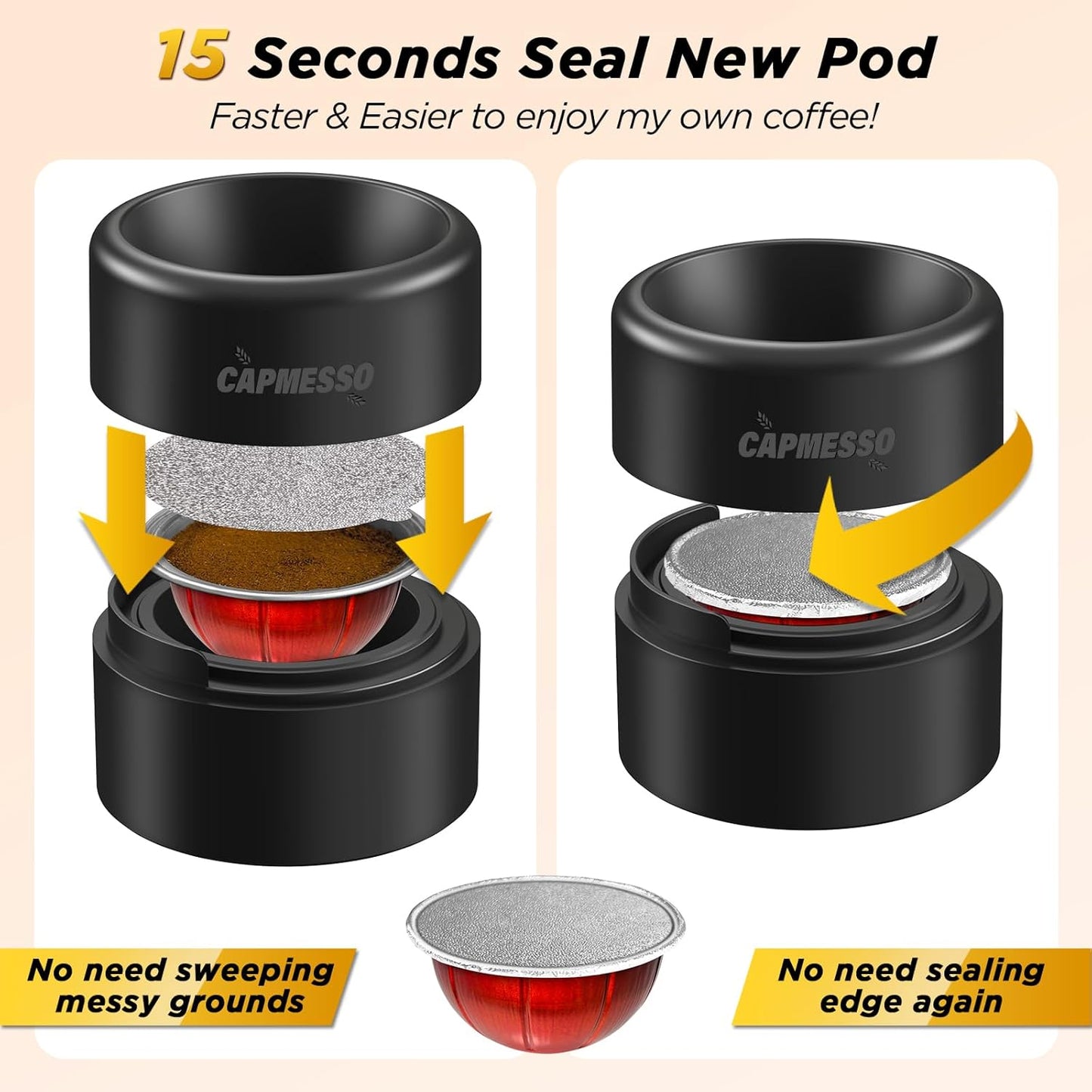 CAPMESSO Reusable Vertuo Pod Refill Kit, Faster Seal Reusable Nespresso Vertuo Pods with Fill & Press Brush,100pcs Aluminum Foil Lids for Refillable Nespresso Pods Vertuo