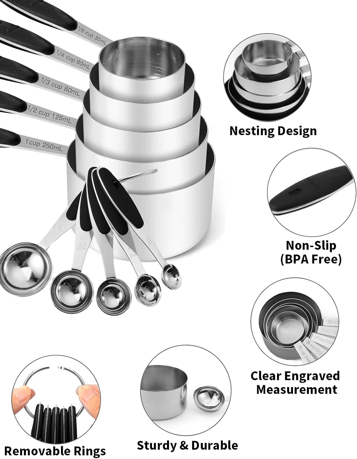 Joyhill Stainless Steel Measuring Cups and Spoons Set of 10 Piece, Nesting Metal Measuring Cups Set with Soft Touch Silicone Handles for Dry and Liquid Ingredients, Cooking & Baking (Black)