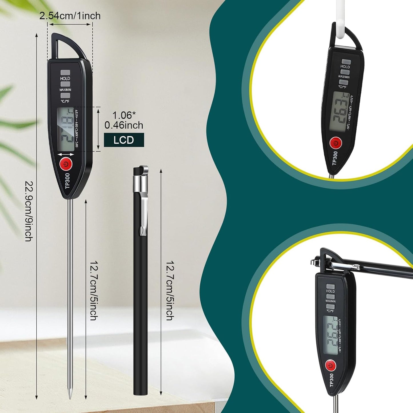 3 Set Waterproof Food Thermometer for Water, Liquid, Candle and Cooking Digital Meat Thermometer with Long Probe Instant Read for Kitchen BBQ Grill Candy (Black,White,Red)
