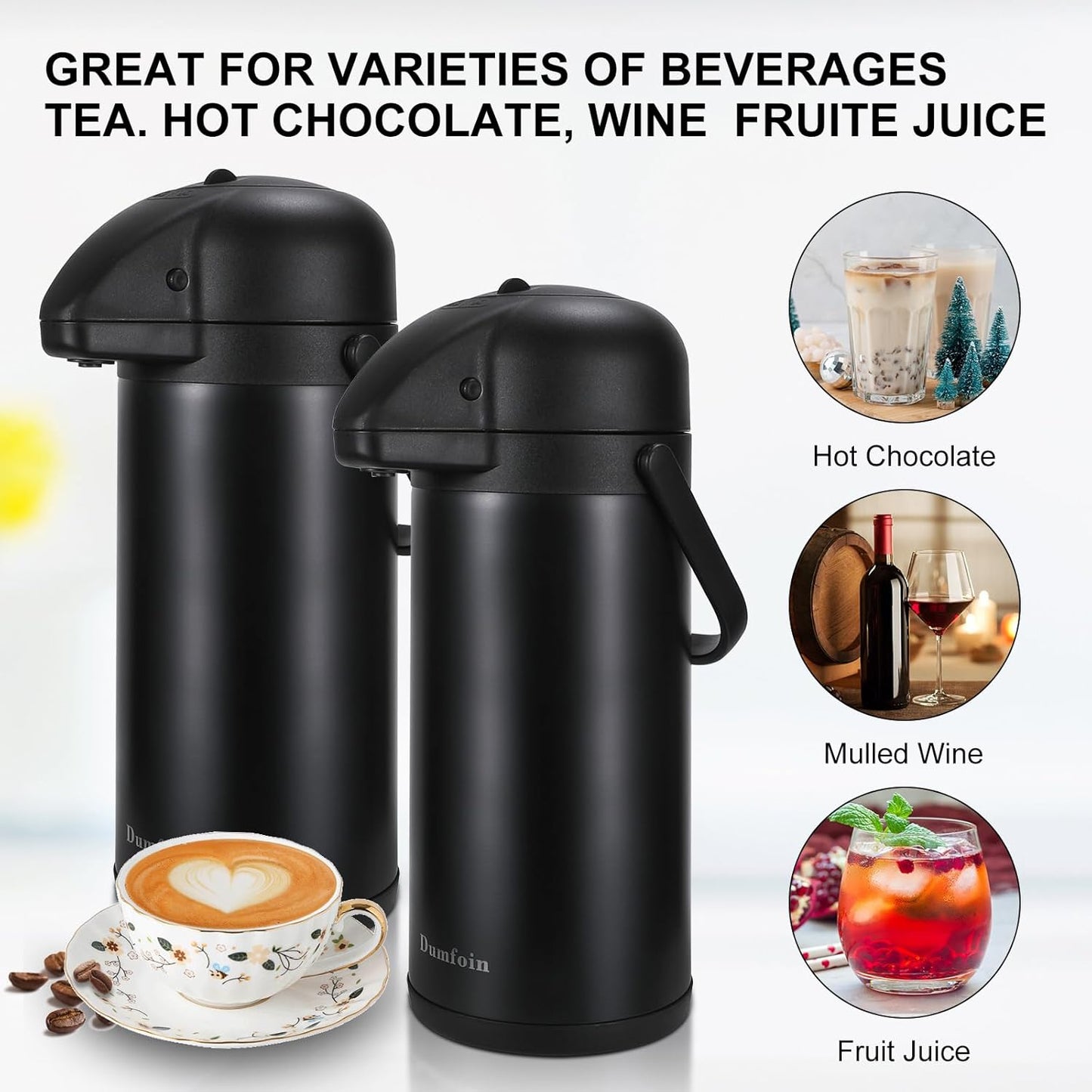 Updated Airpot Coffee Dispenser with Pump, 64 OZ Insulated Thermal Coffee Carafe for Keeping Hot - Cold Water, Party Chocolate Drinks & Stainless Steel Thermos Urn Large Thermal Hot Drink (Black)