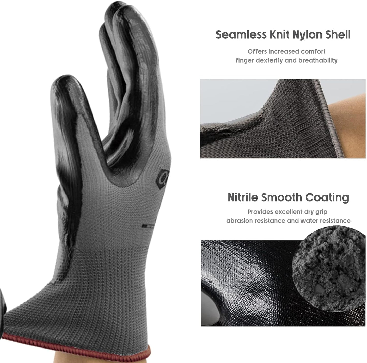 ANDANDA 12 Pairs Work Gloves, Smart Touch, 3D Comfort Stretch Fit, Nitrile Coated Work Gloves with Grip, Seamless Knit Nylon Work Gloves Men Suitable for Warehousing, Logistics, Handling, Black（M）