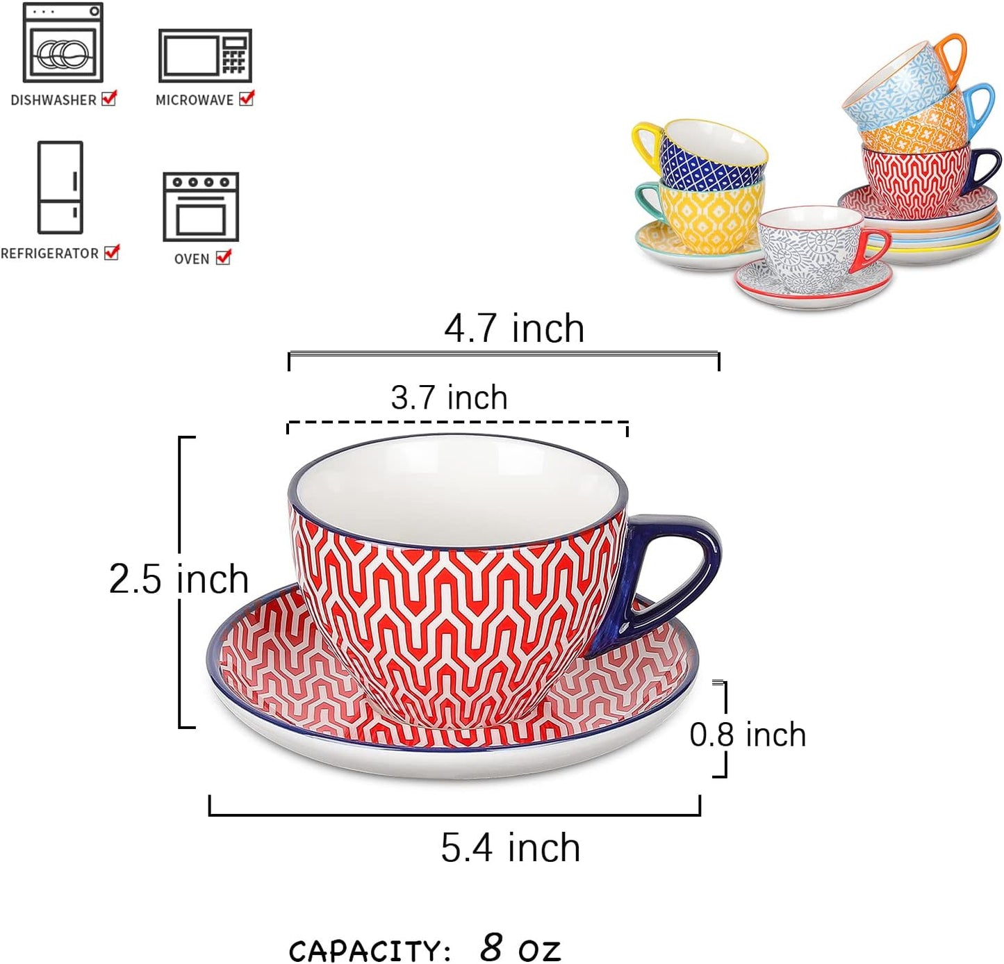 Selamica Ceramic 8 oz Cappuccino Cup Set with Saucers, Espresso Coffee Cups, Latte Macchiato for Party Cafe Home, Set of 6, Assorted Colors