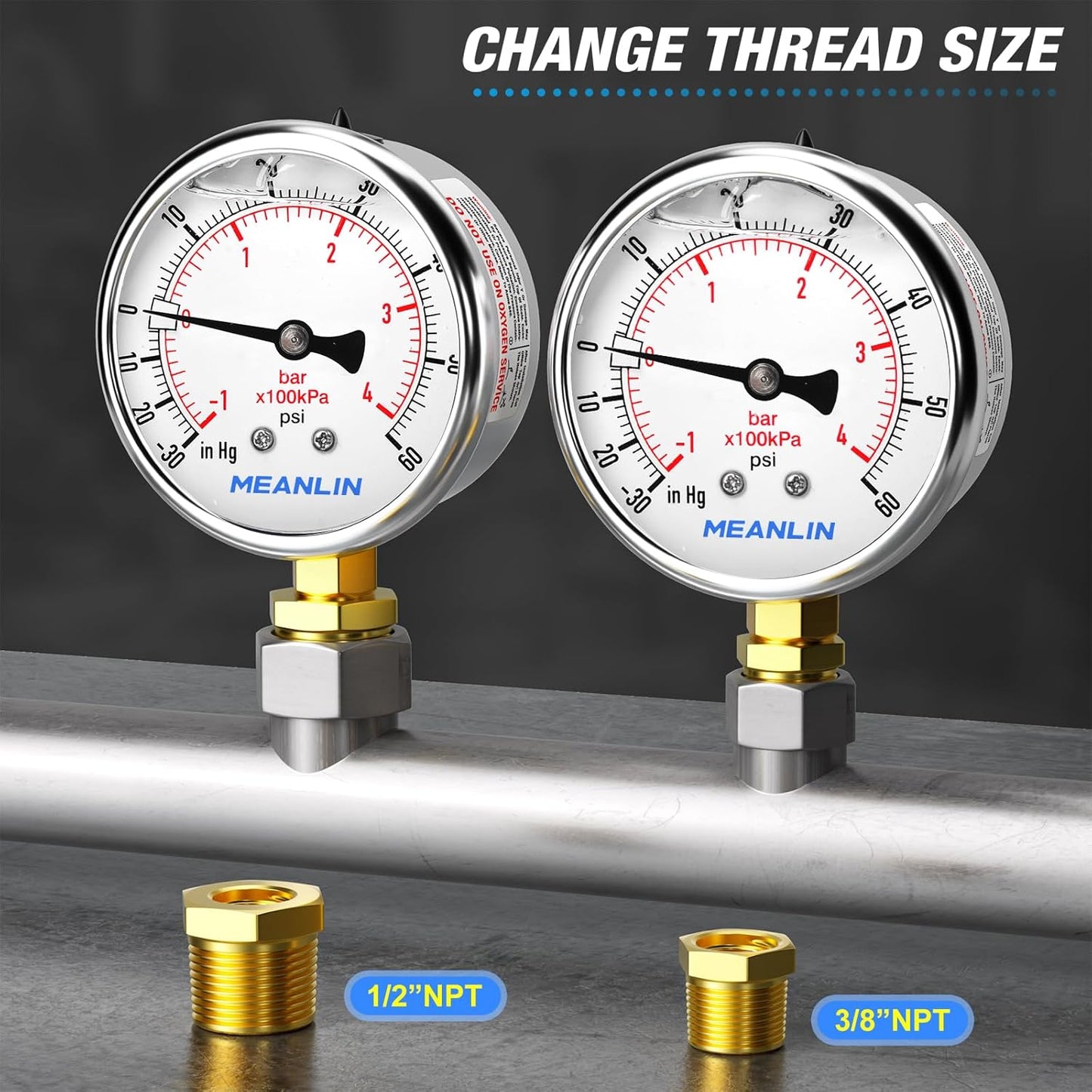 MEANLIN MEASURE -30inHG~60Psi Stainless Steel 1/4" NPT 2.5" FACE DIAL Vacuum Pressure Gauge, Lower Mount, with 1/2" NPT and 3/8" NPT Hex Bushing