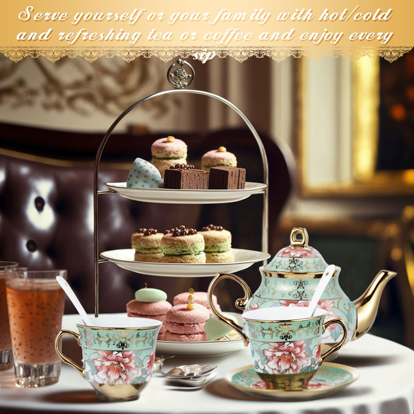 Zhehao 20 Pcs Porcelain Tea Set with Metal Holder and Spoon Adult Ceramic Tea Party Set European Flower Painting Teapot Cup Saucer Spoon Set for Women, Large Version(Fresh Style)